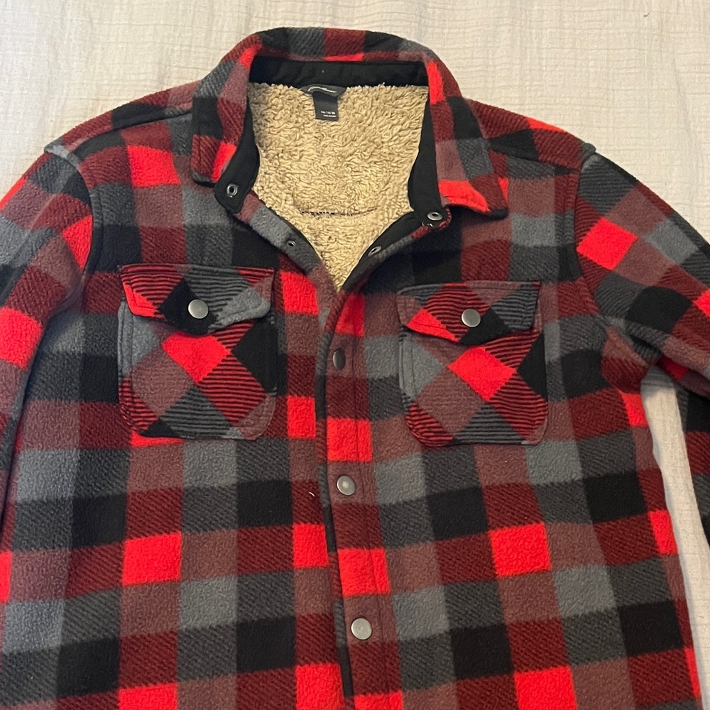 Eddie Bauer Red and Black Plaid Sherpa-Lined Jacket